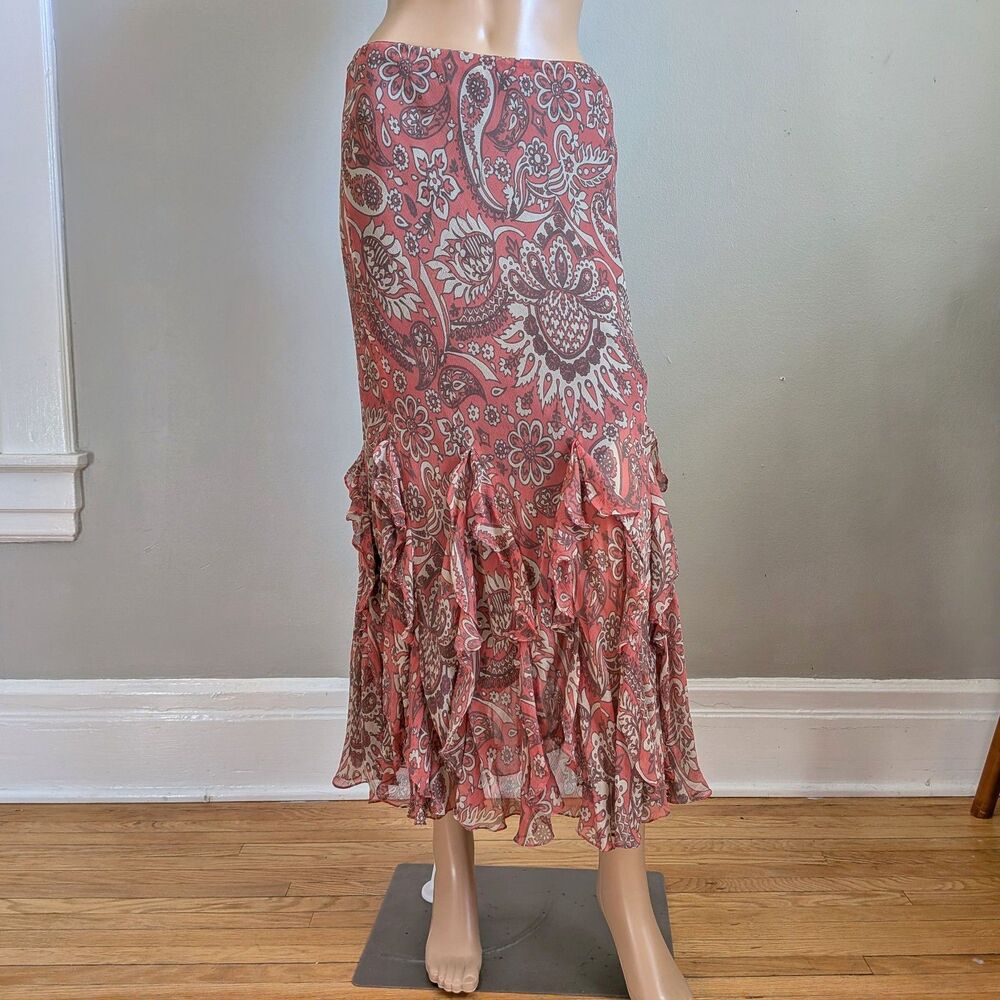 Vintage Y2K Charter Club Silk Floral Midi Skirt Ruffle Fairy Grunge Size 10